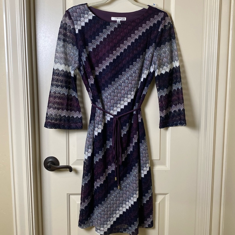Studio One size 10 Dress Crochet Shell Lined Waist Tie